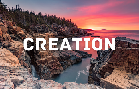 A picture of the ocean and rocks with the word creation written on it.